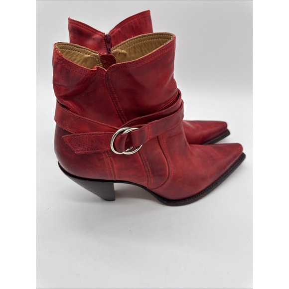 Women's Lucchese Charlie 1 Horse Red Ankle Boots Snip Toe Cowboy Zip Sz 9b - Picture 2 of 10